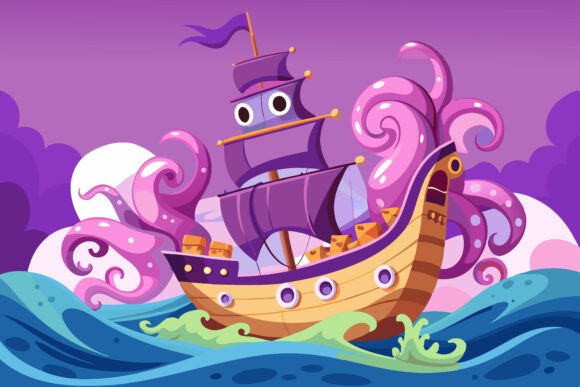 Battle Between Giant Octopus and Pirate: A Visual Story Brought to Life with AI EPS Illustration Collections