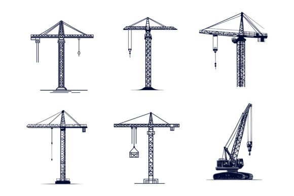 Different Tower Cranes: Essential Equipment Visualized Through Professional AI EPS Illustrations